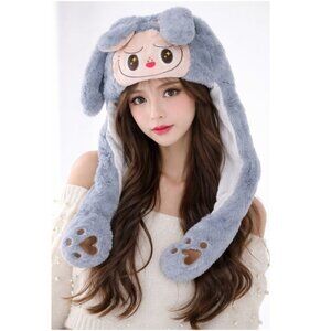 Grey Labubu Lafufu Pop Up Bunny Ear Cap Hat Plush Soft Cozy Warm NEW